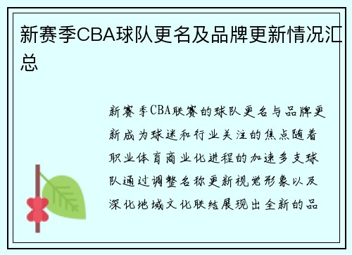 新赛季CBA球队更名及品牌更新情况汇总