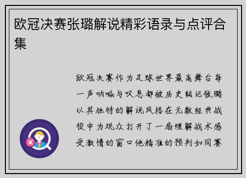 欧冠决赛张璐解说精彩语录与点评合集